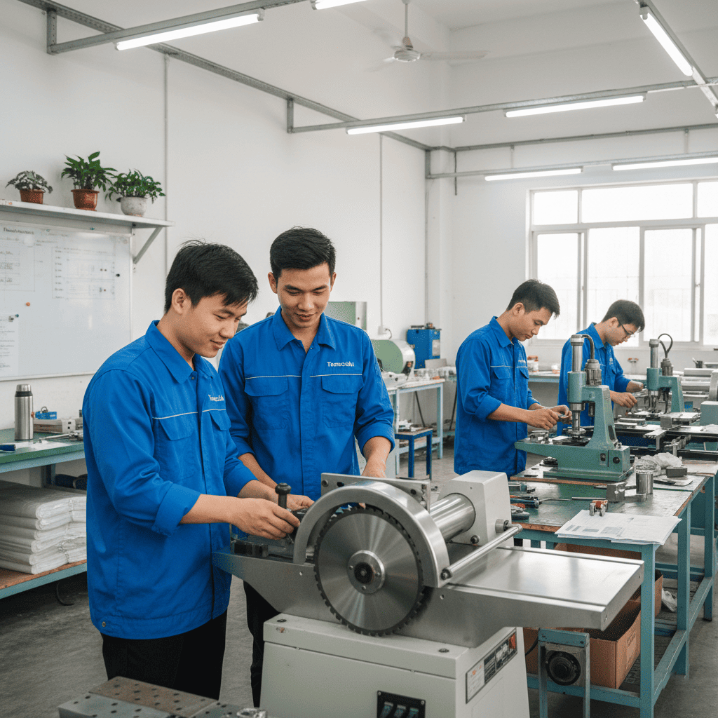 Kỹ sư Trạm Cơ Khí đang kiểm tra thiết bị công nghiệp chuyên dụng