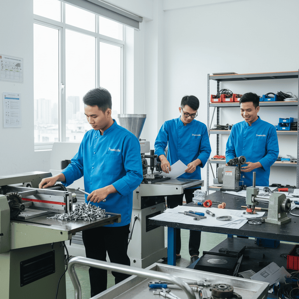 Nhân viên Trạm Cơ Khí làm việc với máy móc công nghiệp chính xác